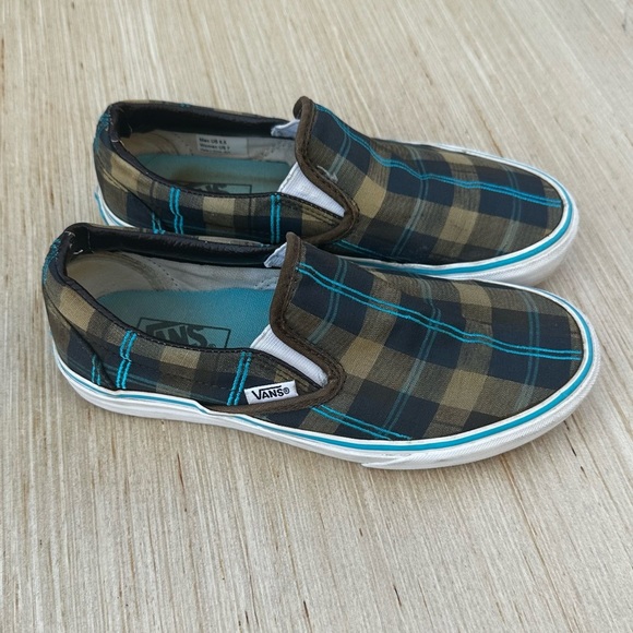 Vans Plaid Slip-On Sneakers Brown Teal Checkered Low Profile Shoes‎ - Picture 2 of 6